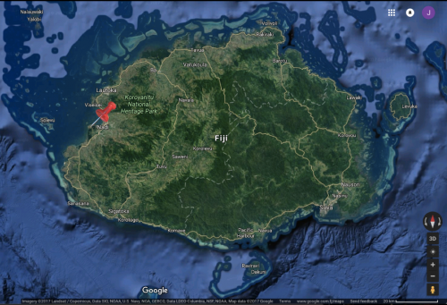 map of Fiji with thumbtack on Wailoaloa Beach, Viti Levu