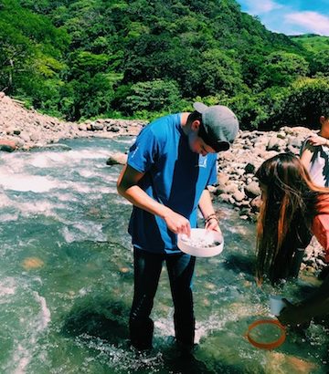 Luke Sallmen (Trinity 2021) and Tiffany Ouyang (Trinity 2021) search for microinvertebrates in the Rio San Luis. Microinvertebrates are key bioindicators that allow scientists to indirectly measure the health of the river.