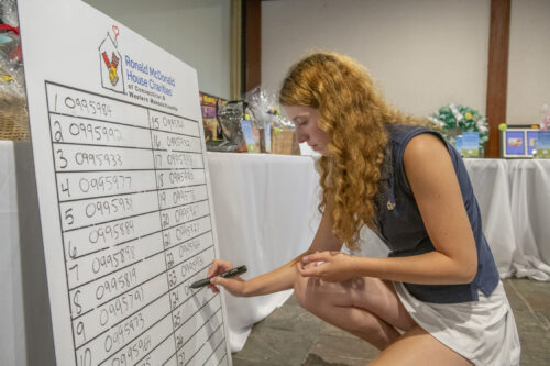 A young woman writes on a sign in an office.